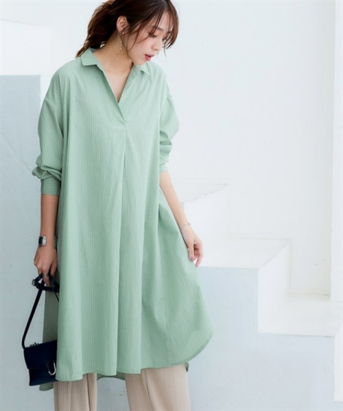 nissen（ニッセン）の「オーバーサイズブロードスキッパーシャツワンピース（UVカット・イージーケア）（シャツワンピース・レディース・グリーン系その他/オフホワイト/ブルー/ピンク系その他・L/M/S/3L/LL）」の3枚目の写真