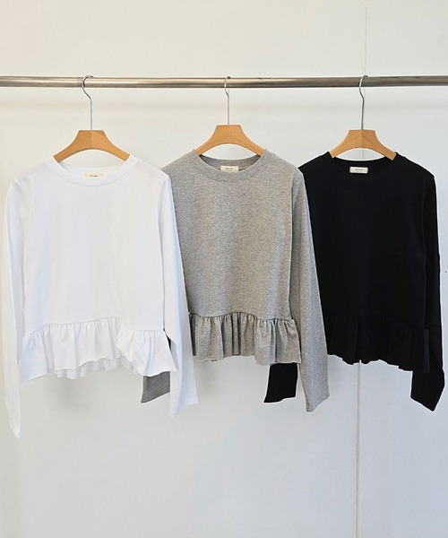 HEILIS(ヘイリス)の「裾フリルペプラムカットソー/フリルトップス ロンT ロングtシャツ 韓国 ガーリー バレエコア ブロケットコア スポーツミックス フレンチシック 秋服 冬服 春服 長袖 クルーネック Tシャツ カジュアル レイヤード ブラック アイボリー オフホワイト グレー ノームコア(Tシャツ/カットソー・レディース・ブラック/グレー/オフホワイト・FREE)」の10枚目の写真