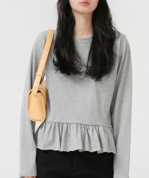 裾フリルペプラムカットソー/フリルトップス ロンT ロングt