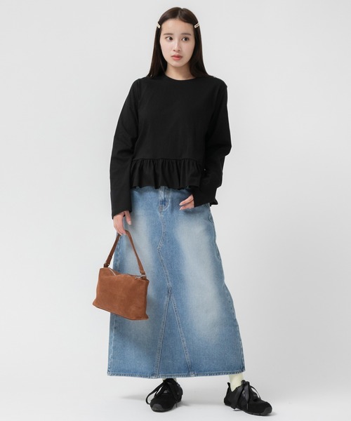 HEILIS(ヘイリス)の「裾フリルペプラムカットソー/フリルトップス ロンT ロングtシャツ 韓国 ガーリー バレエコア ブロケットコア スポーツミックス フレンチシック 秋服 冬服 春服 長袖 クルーネック Tシャツ カジュアル レイヤード ブラック アイボリー オフホワイト グレー ノームコア(Tシャツ/カットソー・レディース・ブラック/グレー/オフホワイト・FREE)」の18枚目の写真