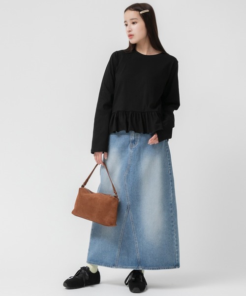 HEILIS(ヘイリス)の「裾フリルペプラムカットソー/フリルトップス ロンT ロングtシャツ 韓国 ガーリー バレエコア ブロケットコア スポーツミックス フレンチシック 秋服 冬服 春服 長袖 クルーネック Tシャツ カジュアル レイヤード ブラック アイボリー オフホワイト グレー ノームコア(Tシャツ/カットソー・レディース・ブラック/グレー/オフホワイト・FREE)」の19枚目の写真