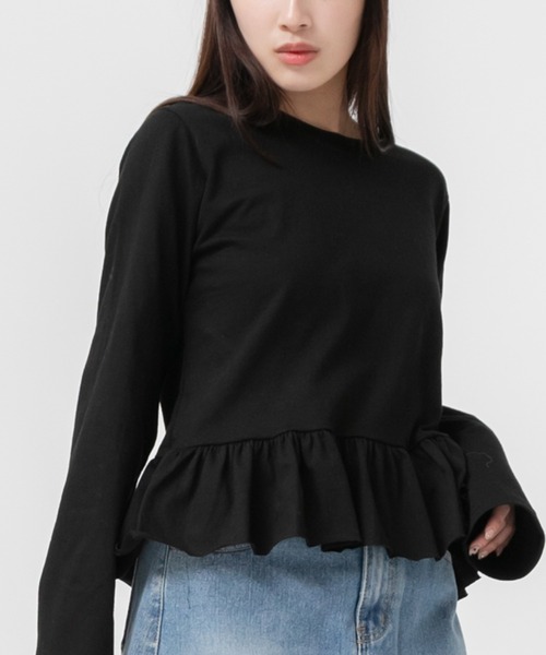コムコム　裾フリルカットソー COCOMOMO tシャツ ギャザーフリルトップス パールビジュー付き