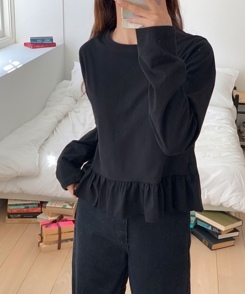 HEILIS(ヘイリス)の「裾フリルペプラムカットソー/フリルトップス ロンT ロングtシャツ 韓国 ガーリー バレエコア ブロケットコア スポーツミックス フレンチシック 秋服 冬服 春服 長袖 クルーネック Tシャツ カジュアル レイヤード ブラック アイボリー オフホワイト グレー ノームコア(Tシャツ/カットソー・レディース・ブラック/グレー/オフホワイト・FREE)」の22枚目の写真