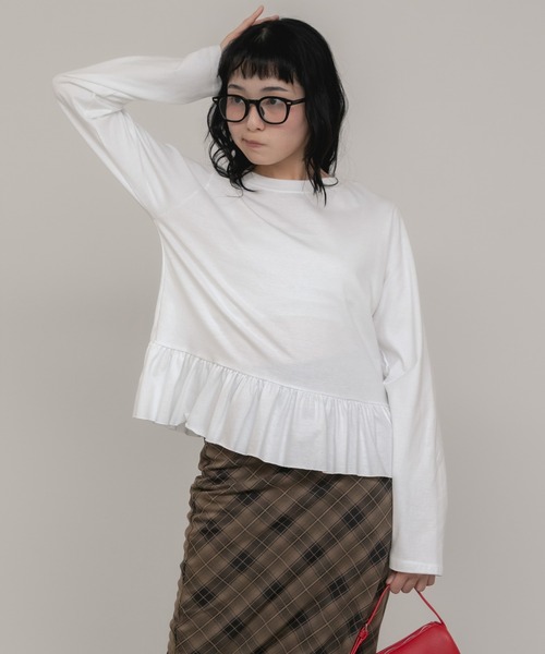 セール】裾フリルペプラムカットソー/フリルトップス ロンT ロングt