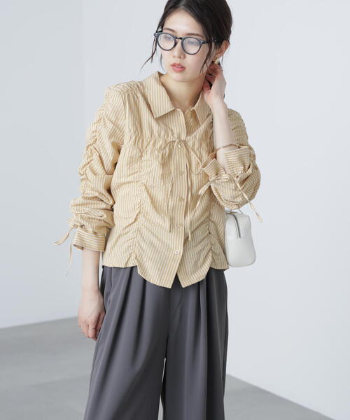 ブラウス シャツ シャーリングストライプシャツ レディース ZARA - ZARA(ザラ) シャーリング ストライプ シャツ レディース