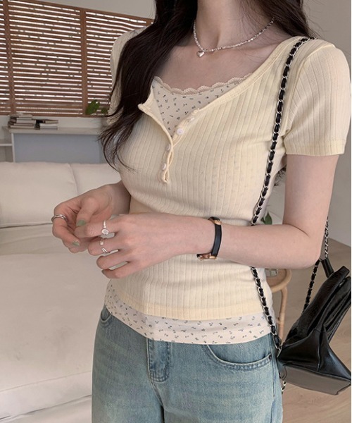 gossip!ロサンゼルス(ゴシップロサンゼルス)の「Y2K 花柄レイヤード風ヘンリーTシャツ(Tシャツ/カットソー・レディース・ブルー/ピンク/ベージュ/ブラック・FREE)」の12枚目の写真