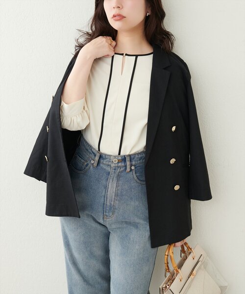 セール】メタルホック付き配色6分袖ブラウス（シャツ/ブラウス