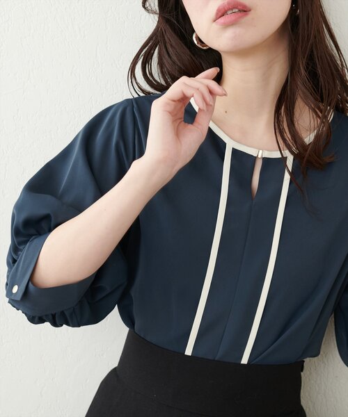niconico321様 セール】メタルホック付き配色6分袖ブラウス（シャツ/ブラウス