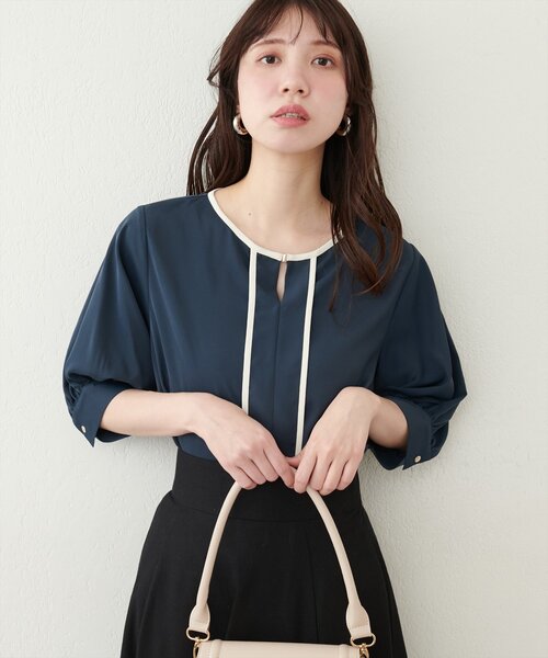 セール】メタルホック付き配色6分袖ブラウス（シャツ/ブラウス
