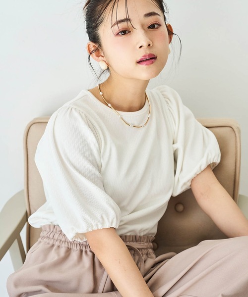 mil（ミル）の「カット楊柳 パフスリーブプルオーバー（Tシャツ/カットソー・レディース・ライトグリーン/オフホワイト/ベージュ・XS/S）」の7枚目の写真