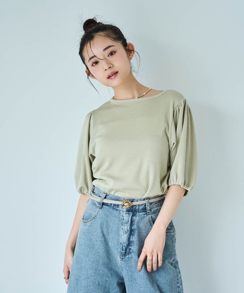 mil（ミル）の「カット楊柳 パフスリーブプルオーバー（Tシャツ/カットソー・レディース・ライトグリーン/オフホワイト/ベージュ・XS/S）」の6枚目の写真