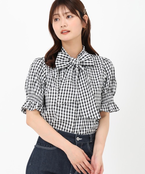 MISCH MASCH（ミッシュマッシュ）の「2025春夏新作 半袖ボウタイシャーリングブラウス（シャツ/ブラウス・レディース・ホワイト/ピンク/ブルー/ブラック×ホワイト・ﾌﾘ-）」の10枚目の写真