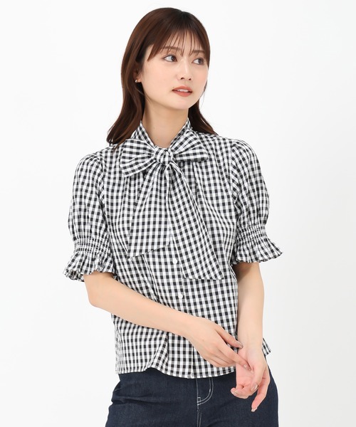 MISCH MASCH（ミッシュマッシュ）の「2025春夏新作 半袖ボウタイシャーリングブラウス（シャツ/ブラウス・レディース・ホワイト/ピンク/ブルー/ブラック×ホワイト・ﾌﾘ-）」の18枚目の写真