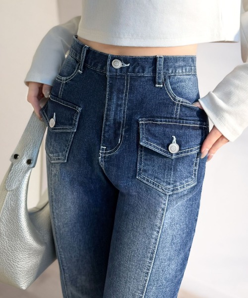 mily bilet（ミウィビレット）の「【mily bilet】脚、盛れすぎ注意！ポケットデザインストレッチフレアデニム（デニムパンツ・レディース・インディゴブルー/ブラック/ブルー・MEDIUM/SMALL/X-LARGE/LARGE）」の2枚目の写真