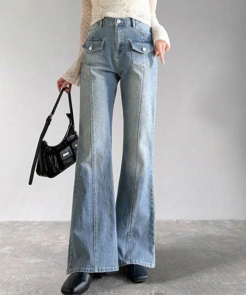 mily bilet（ミウィビレット）の「【mily bilet】脚、盛れすぎ注意！ポケットデザインストレッチフレアデニム（デニムパンツ・レディース・インディゴブルー/ブラック/ブルー・MEDIUM/SMALL/X-LARGE/LARGE）」の3枚目の写真