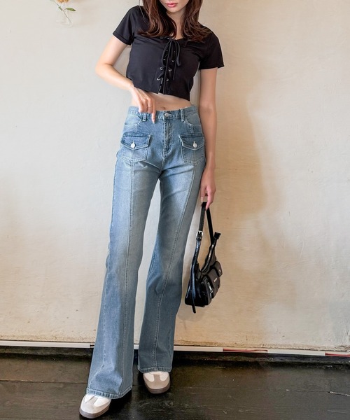 mily bilet（ミウィビレット）の「【mily bilet】脚、盛れすぎ注意！ポケットデザインストレッチフレアデニム（デニムパンツ・レディース・インディゴブルー/ブラック/ブルー・MEDIUM/SMALL/X-LARGE/LARGE）」の12枚目の写真