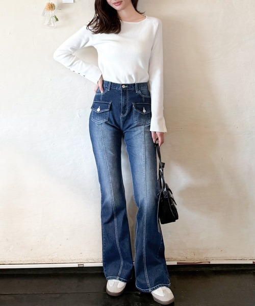 mily bilet（ミウィビレット）の「【mily bilet】脚、盛れすぎ注意！ポケットデザインストレッチフレアデニム（デニムパンツ・レディース・インディゴブルー/ブラック/ブルー・MEDIUM/SMALL/X-LARGE/LARGE）」の9枚目の写真