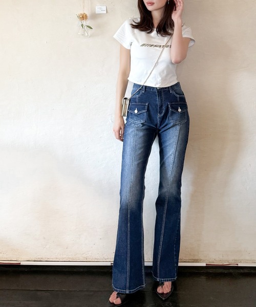 mily bilet（ミウィビレット）の「【mily bilet】脚、盛れすぎ注意！ポケットデザインストレッチフレアデニム（デニムパンツ・レディース・インディゴブルー/ブラック/ブルー・MEDIUM/SMALL/X-LARGE/LARGE）」の6枚目の写真