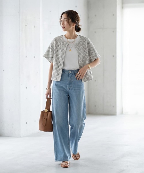 STYLE DELI（スタイルデリ）の「サラッと軽いサマーツイード半袖ジャケット（ノーカラージャケット・レディース・ホワイト/ブラック・FREE）」の3枚目の写真