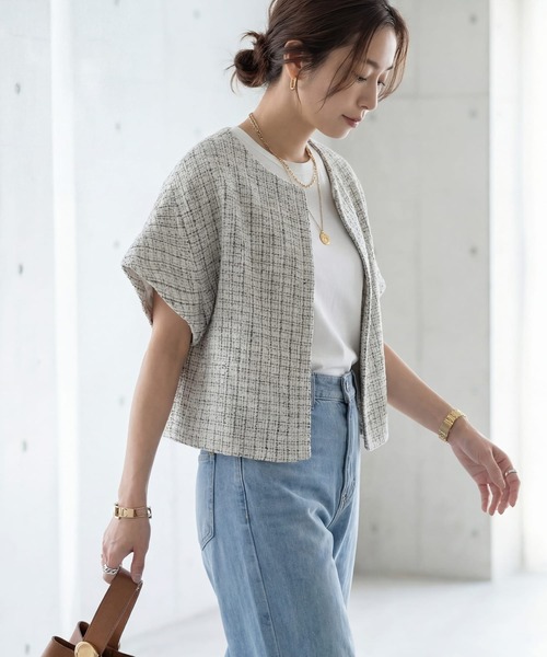 STYLE DELI（スタイルデリ）の「サラッと軽いサマーツイード半袖ジャケット（ノーカラージャケット・レディース・ホワイト/ブラック・FREE）」の4枚目の写真