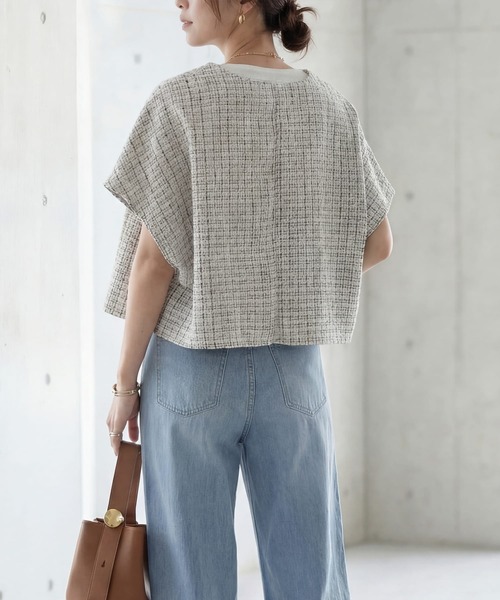 STYLE DELI（スタイルデリ）の「サラッと軽いサマーツイード半袖ジャケット（ノーカラージャケット・レディース・ホワイト/ブラック・FREE）」の8枚目の写真