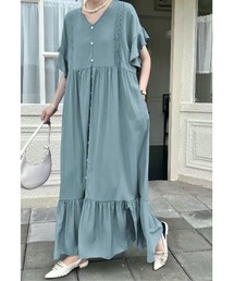 Vネックシングルブレストポケット付きワンピース
