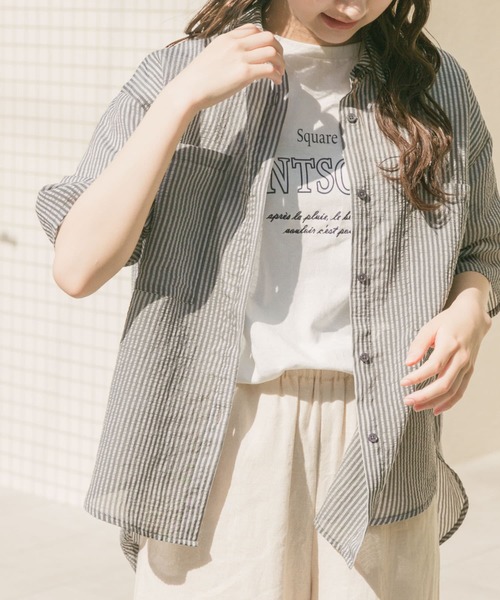 ITEMS URBANRESEARCH(アイテムズ アーバンリサーチ)の「シアーストライプハンソデシャツ(シャツ/ブラウス・レディース・ブラック/ベージュ/ブラウン・FREE)」の9枚目の写真