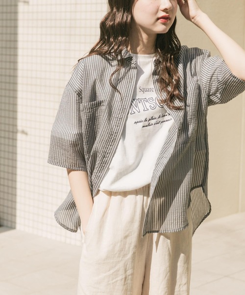 ITEMS URBANRESEARCH(アイテムズ アーバンリサーチ)の「シアーストライプハンソデシャツ(シャツ/ブラウス・レディース・ブラック/ベージュ/ブラウン・FREE)」の10枚目の写真