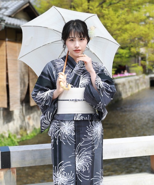 【綿麻】浴衣 単品 黒 グレー 菊 フリーサイズ レディース wy32 浴衣 単品 選べる柄 浴衣 レディース フリーサイズ ゆかた レトロ