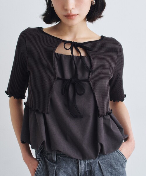 CODE A(コードエー)の「chic border 2way ribbon cardigan(カーディガン/ボレロ・レディース・ブラック系2/ホワイト系3/ブラウン系その他3・00)」の2枚目の写真