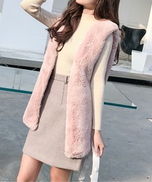 ファー ベスト ラビット チベットラム ピンク ベージュ うさぎ