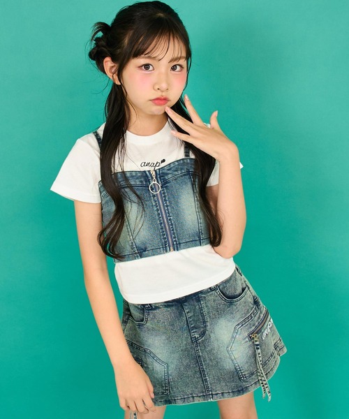 ANAP GｉRL（アナップガール）の「バッグ スピンドル ビスチェ × Tシャツ SET 【キッズお揃い】（Tシャツ/カットソー・キッズ・ブルー/ベージュ・M/S/XS）」の2枚目の写真