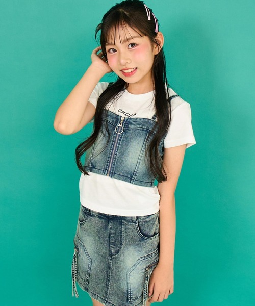 ANAP GｉRL（アナップガール）の「バッグ スピンドル ビスチェ × Tシャツ SET 【キッズお揃い】（Tシャツ/カットソー・キッズ・ブルー/ベージュ・M/S/XS）」の11枚目の写真