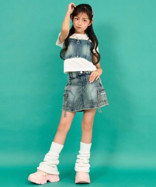 ANAP GｉRL（アナップガール）の「バッグ スピンドル ビスチェ × Tシャツ SET 【キッズお揃い】（Tシャツ/カットソー・キッズ・ブルー/ベージュ・M/S/XS）」の15枚目の写真