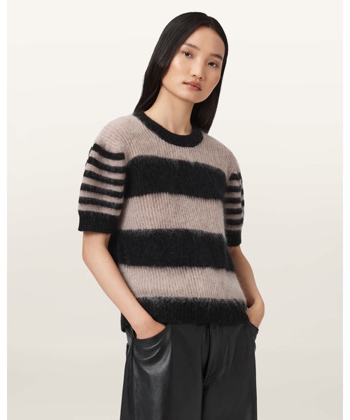 ALLSAINTS(オールセインツ)の「CLEM STRIPED KNITTED T-SHIRT | CLEM ストライプ ニット Tシャツ(ニット/セーター・レディース・ブラック系その他・M/XS/S)」の1枚目の写真