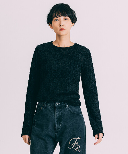 Freada（フリーダ）の「Freada/フリーダ メッシュ ベロア トップス（Tシャツ/カットソー・レディース・ブラック/ブルー/ベージュ・ONE SIZE）」の4枚目の写真