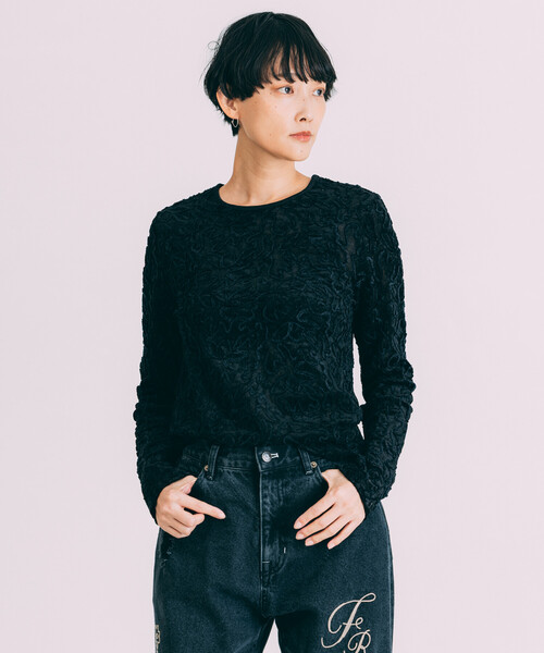 Freada（フリーダ）の「Freada/フリーダ メッシュ ベロア トップス（Tシャツ/カットソー・レディース・ブラック/ブルー/ベージュ・ONE SIZE）」の5枚目の写真