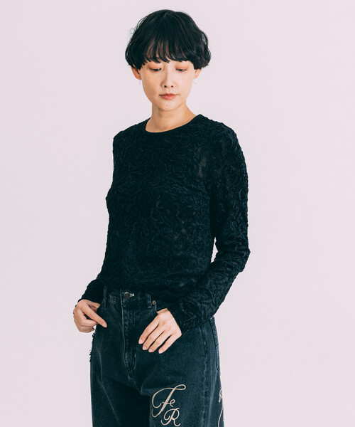 Freada（フリーダ）の「Freada/フリーダ メッシュ ベロア トップス（Tシャツ/カットソー・レディース・ブラック/ブルー/ベージュ・ONE SIZE）」の6枚目の写真