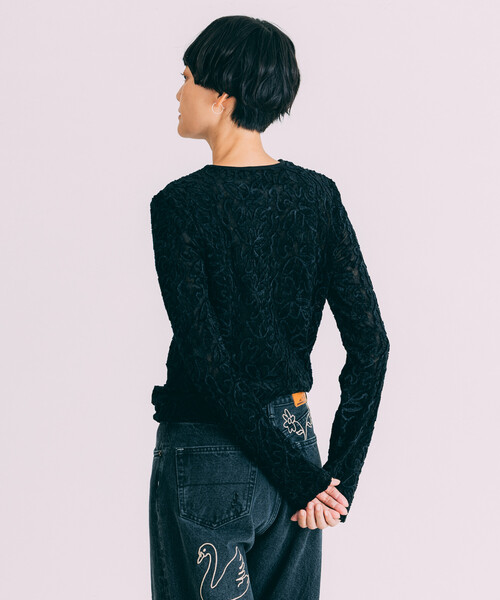 Freada（フリーダ）の「Freada/フリーダ メッシュ ベロア トップス（Tシャツ/カットソー・レディース・ブラック/ブルー/ベージュ・ONE SIZE）」の8枚目の写真