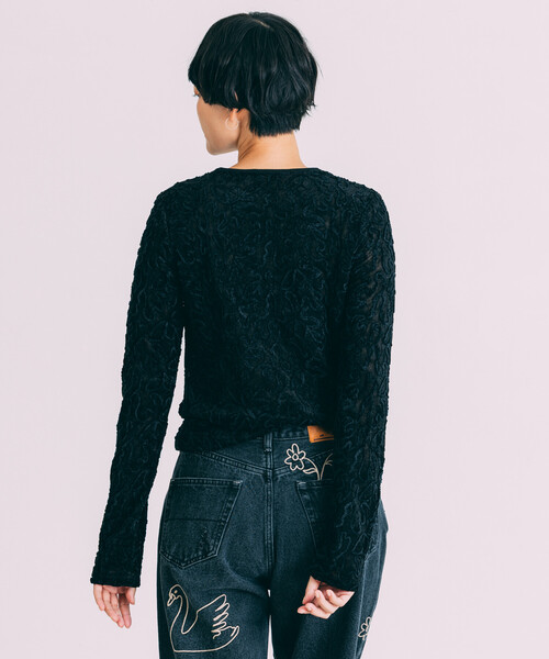 Freada（フリーダ）の「Freada/フリーダ メッシュ ベロア トップス（Tシャツ/カットソー・レディース・ブラック/ブルー/ベージュ・ONE SIZE）」の9枚目の写真