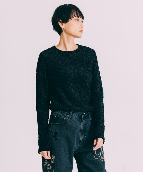 Freada（フリーダ）の「Freada/フリーダ メッシュ ベロア トップス（Tシャツ/カットソー・レディース・ブラック/ブルー/ベージュ・ONE SIZE）」の10枚目の写真