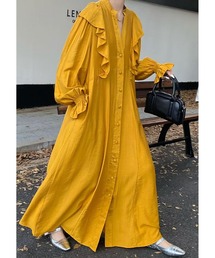 フリル長袖シングルブレストワンピース