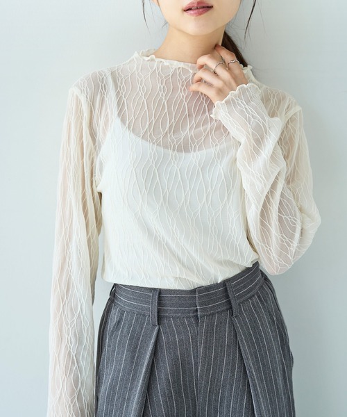mil(ミル)の「ニュアンス柄 シアートップス【588094】(Tシャツ/カットソー・レディース・オフホワイト/モスグリーン/ブラック/ブラック系その他/ホワイト系その他/ミント・XS/S)」の2枚目の写真