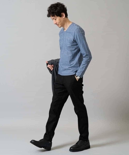 a.v.v（アーヴェヴェ）の「針抜きジャカードＶネックＴシャツ【洗濯機で洗える/毛玉になりにくい】通勤/ビジネス/ジャケット〈ON/OFF SERIES〉（Tシャツ/カットソー・メンズ・ホワイト/ブラック/ブルー・50/46/48）」の13枚目の写真