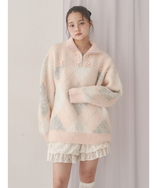 merry jenny（メリージェニー）の「fluffyアーガイルZIPニット（ニット/セーター・レディース・ピンク/グレー・FREE）」の3枚目の写真