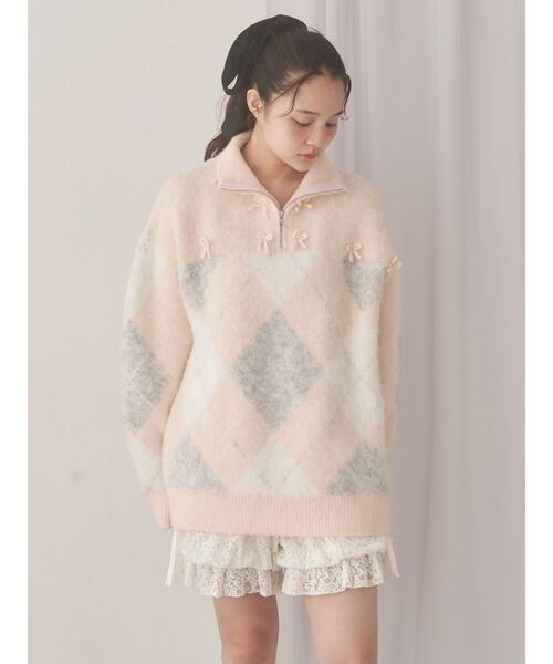 merry jenny（メリージェニー）の「fluffyアーガイルZIPニット（ニット/セーター・レディース・ピンク/グレー・FREE）」の5枚目の写真