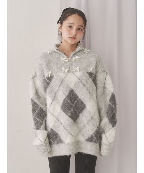 merry jenny（メリージェニー）の「fluffyアーガイルZIPニット（ニット/セーター・レディース・ピンク/グレー・FREE）」の7枚目の写真