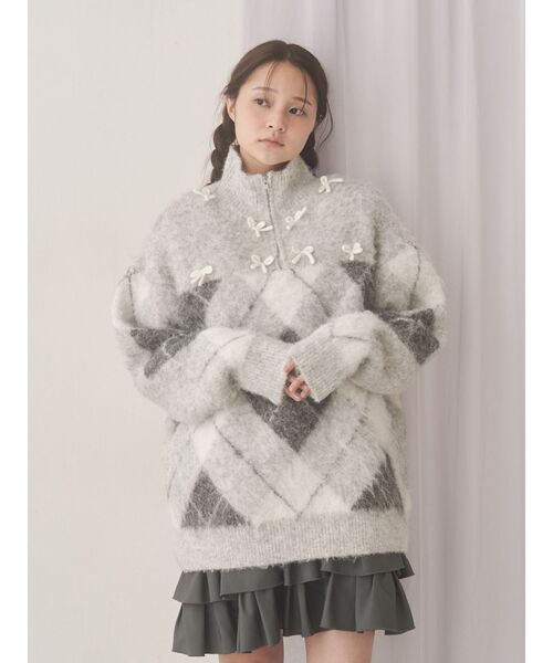 merry jenny（メリージェニー）の「fluffyアーガイルZIPニット（ニット/セーター・レディース・ピンク/グレー・FREE）」の12枚目の写真