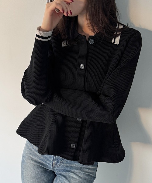 セール】ポロ襟ライン入りペプラムデザインニット（ニット/セーター