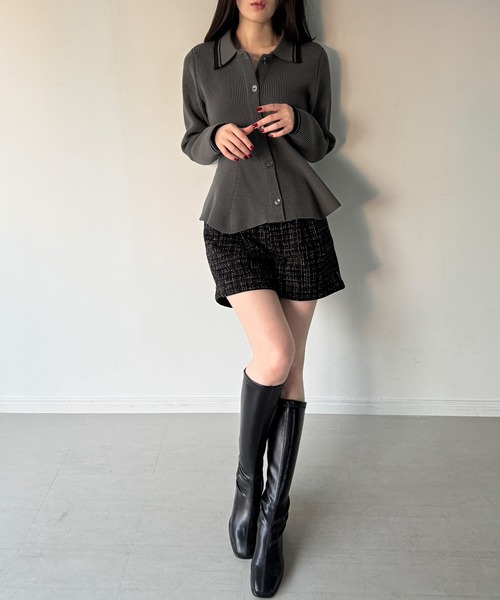 セール】ポロ襟ライン入りペプラムデザインニット（ニット/セーター